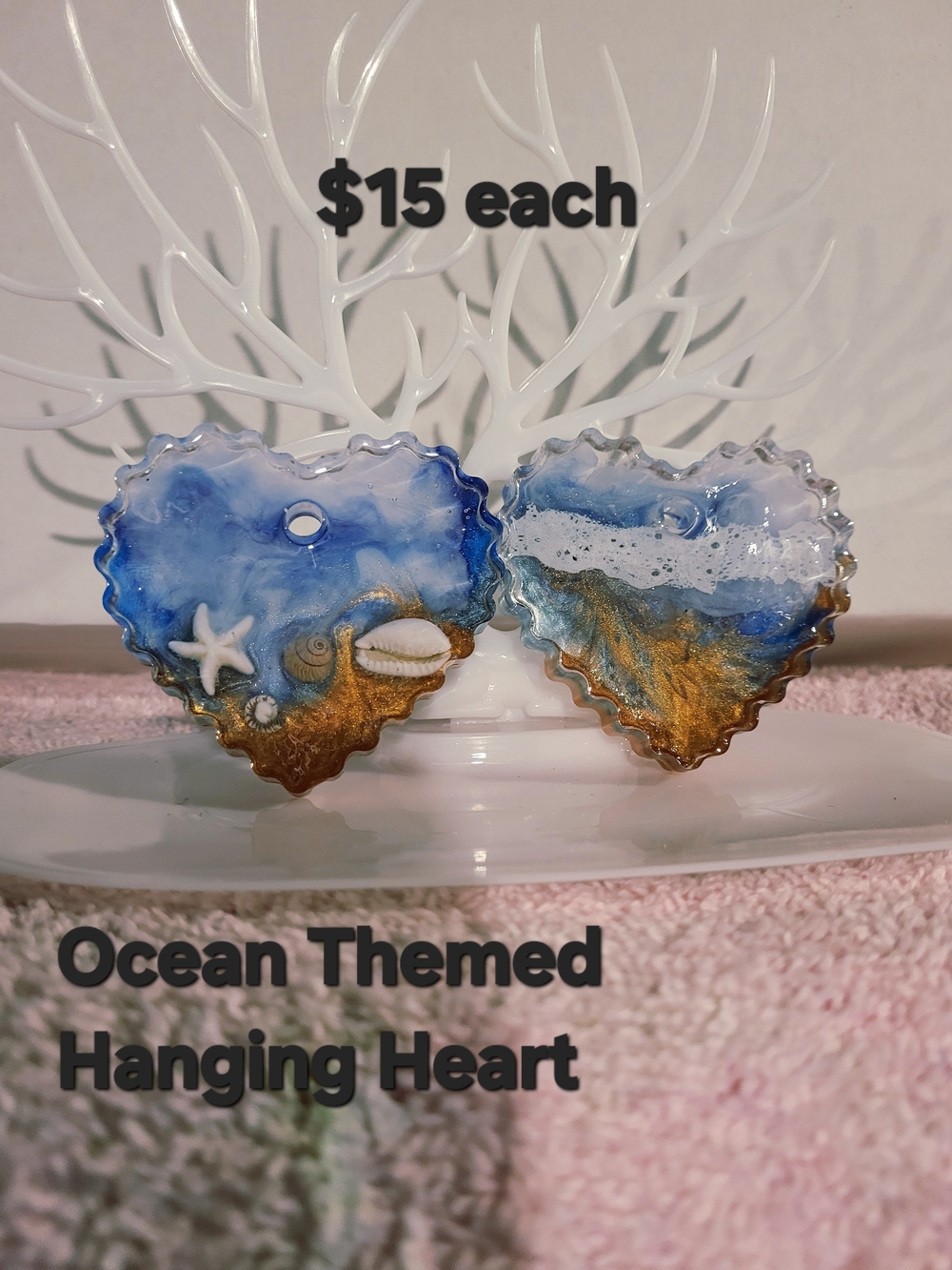 Ocean-Themed Resin Hanging Heart Pair - Blue, White & Gold